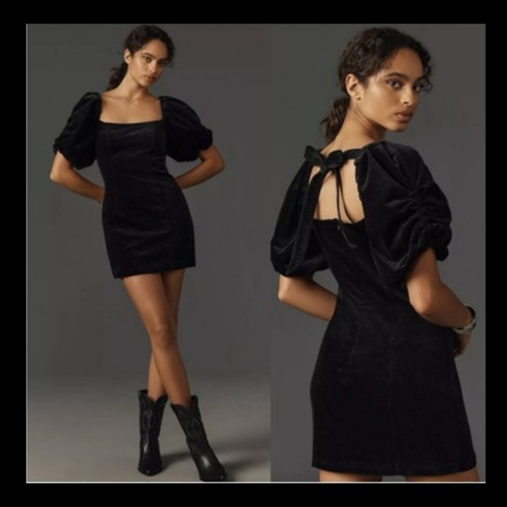 Anthropologie Pilcro Black Puff-Sleeve Square-Neck Corduroy Mini Dress Sz XL